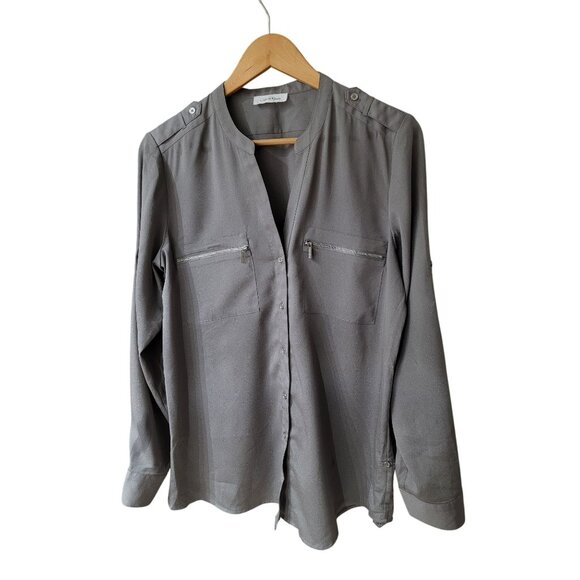 Calvin Klein Womens Gray Button-Down Blouse W/ Zipper Pockets & Roll Tab Sleeve - Picture 1 of 5